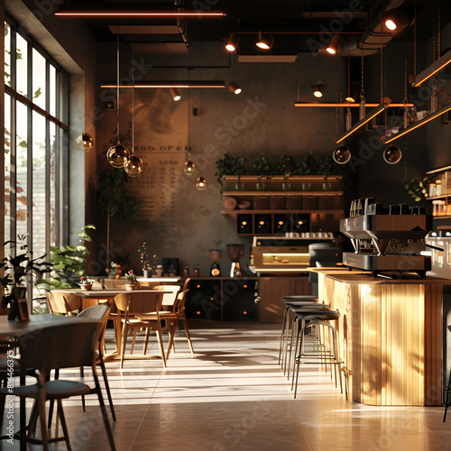 Design ideas for a cafe or fast food store, cuisine, drinks, restaurant, cafe, tables, chairs, lights, windows, sunlight, service counters, coffee machines, interior, ideas, design, AI-generated.