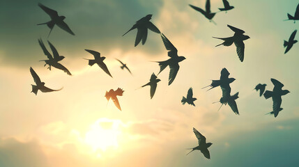 Flock of swallows Silhouettes crowd flying birds away sky free black bird aloft swift flight swarm swallow above cloud skyline : Generative AI