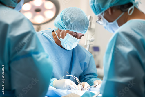 A surgeon's team in uniform performs an operation in operation room at hospital, emergency case, surgery, medical technology, health care and disease treatment. 