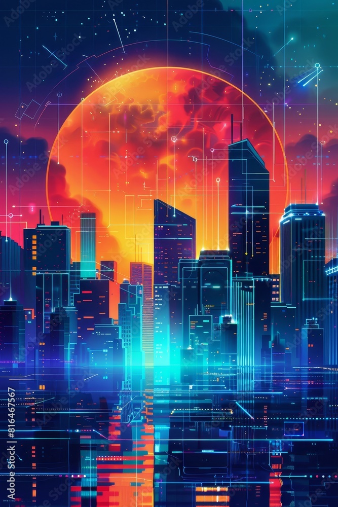 Fototapeta premium IoT technology concept, smart city concept, futuristic industry image, graphic of buildings 