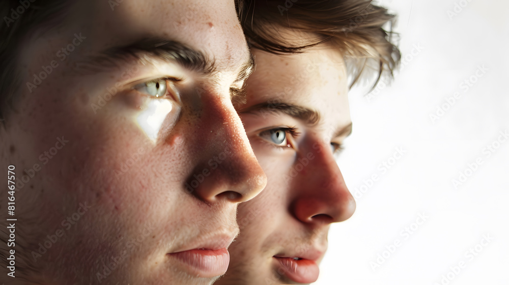 close up portrait two caucasian young men in shadow white background : Generative AI close up portrait two caucasian young men in shadow white background : Generative AI