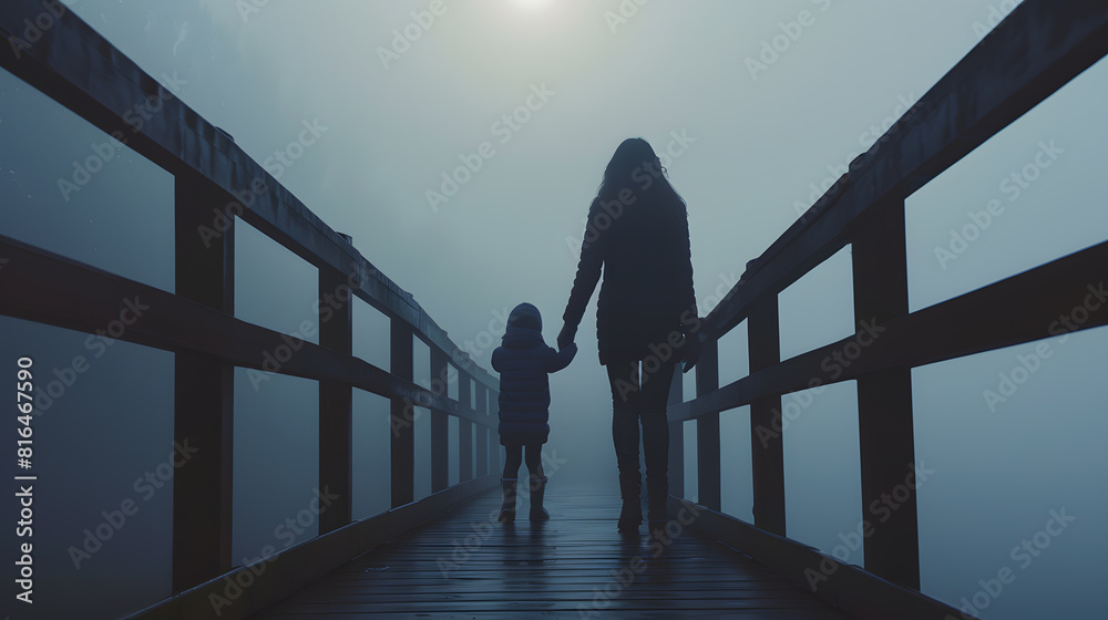 mystical silhouettes back of woman with child on a foggy bridge in the evening in autumn in the fog mist : Generative AI mystical silhouettes back of woman with child on a foggy bridge in the evening in autumn in the fog mist : Generative AI