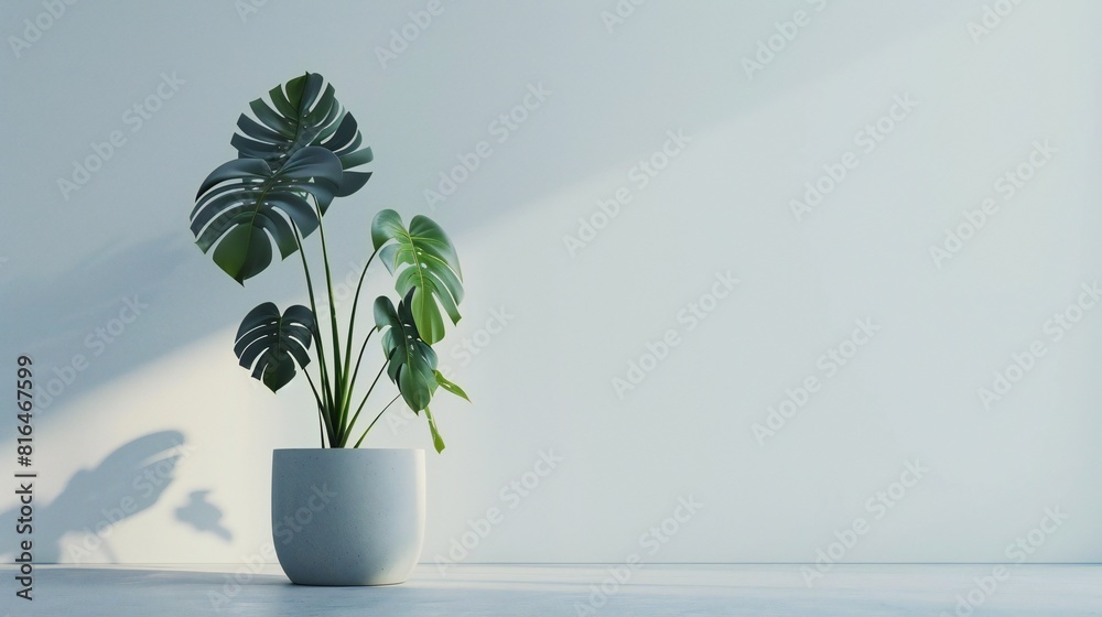 Minimalist Harmony: Monstera in grey pot against white backdrop offers serene minimalism.