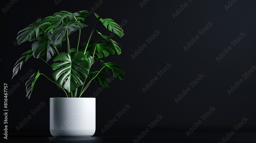 Minimalist Oasis: White pot with Monstera against black backdrop creates a tranquil retreat.