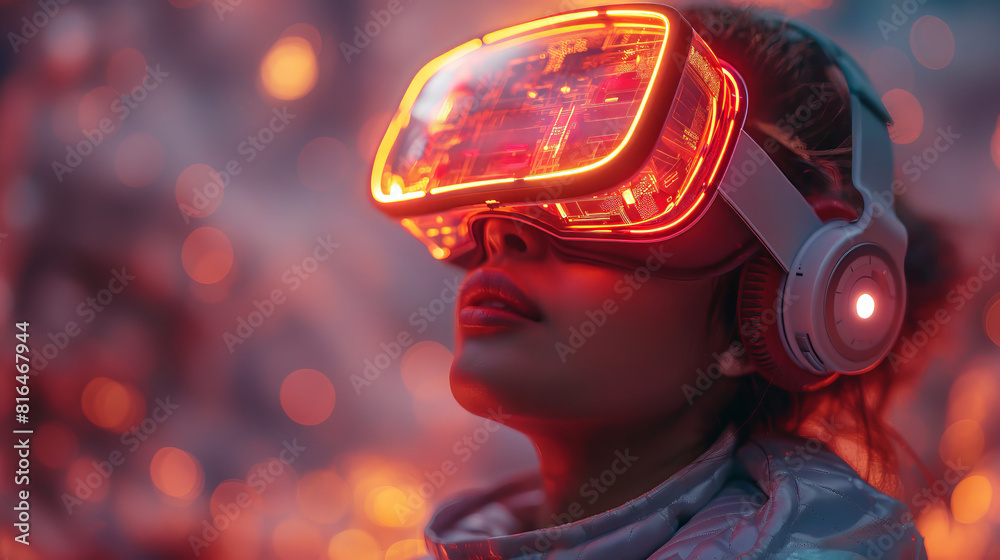Into the Metaverse, Portrait of young woman wearing VR AR glasses in futuristic colorful environment. 3D internet universe with varied avatars.