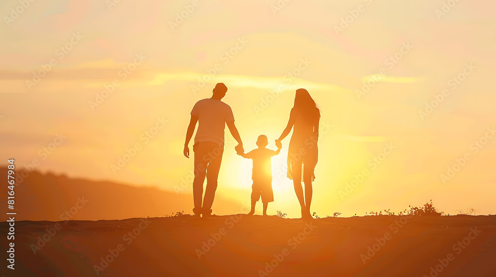 Happy family silhouette standing on against sunset time : Generative AI