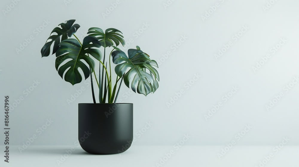 Modern Elegance: Monstera in black pot on serene white background offers chic elegance.