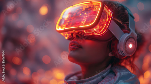 Into the Metaverse  Portrait of young woman wearing VR AR glasses in futuristic colorful environment. 3D internet universe with varied avatars.