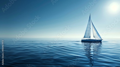 The deep blue sea is the perfect backdrop for the white sailboat. The boat is in the center of the image, and the sun is shining down on it.