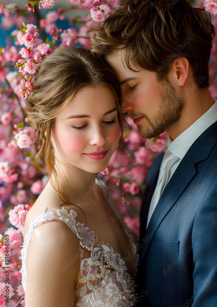 A man and woman are embracing each other in front of a pink tree A man and woman are embracing each other in front of a pink tree