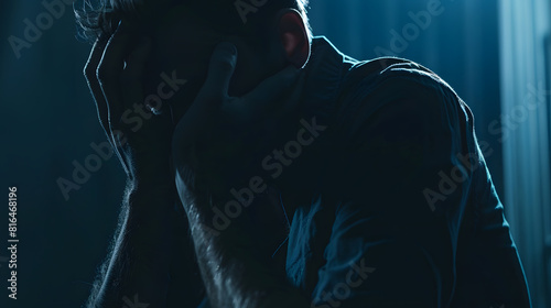 Serious sad man in dark Depressed anxious person suffer from trauma solitude or drug addiction Homeless outcast with shame after mistake Dramatic moody silhouette with melancholy grief : Generative AI