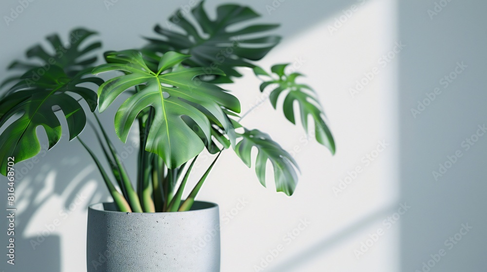 Sophisticated Contrast: Grey-potted Monstera against white backdrop creates a sophisticated focal point. Sophisticated Contrast: Grey-potted Monstera against white backdrop creates a sophisticated focal point.