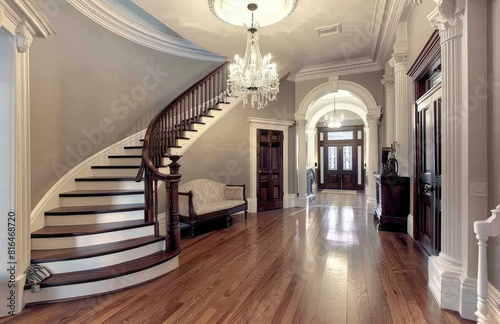 A classic home with an elegant curved staircase  featuring white balustrades and dark wood steps leading to the upper floor.