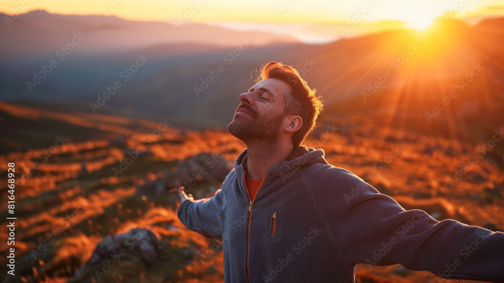 Fototapeta premium A calm handsome man in his thirties with his eyes closed and arms outstretched, breathing the fresh air on a mountain hill at sunrise