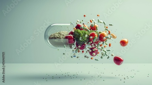 Fototapeta Naklejka Na Ścianę i Meble -  Sleek Modern Capsule Splits Open to Reveal Synthetic Supplements and Fresh Produce