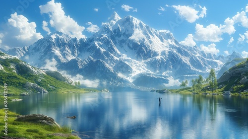 A serene lake surrounded by snow-capped mountains, a lone figure practicing tai chi on the tranquil shore