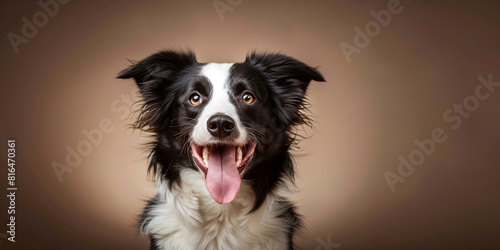 a cute black and white border collie dog with its tongue out  on a beige background  generative AI