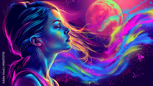 A woman with long hair is blowing a colorful cloud of smoke