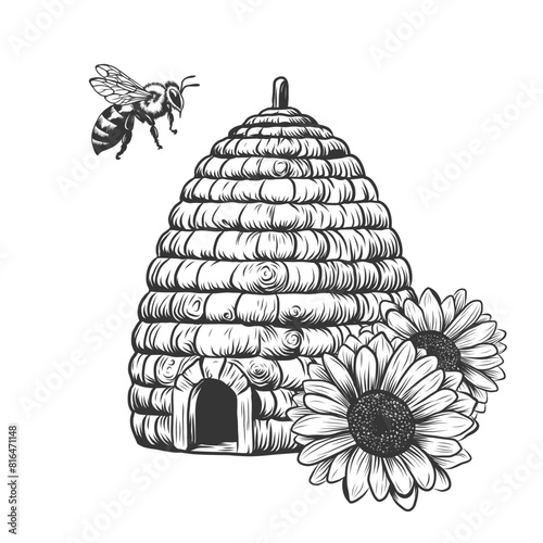 Beehive, bee and flowers. Vintage Hand drawn engraving style illustrations isolated on background. Monochrome black and white ink sketch