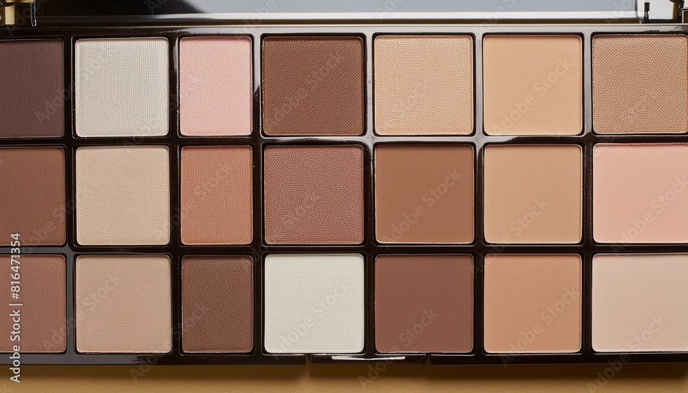 Top view of a close-up flat lay shot of a palette with beige, pink and brown eyeshadows, colored powders, in the cosmetics industry. Perfect for advertising campaigns Top view of a close-up flat lay shot of a palette with beige, pink and brown eyeshadows, colored powders, in the cosmetics industry. Perfect for advertising campaigns