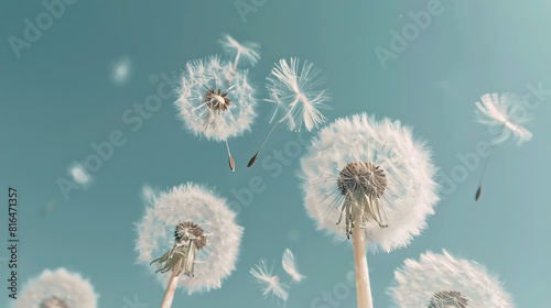 Dandelion seeds blowing away in the wind on a blue sky background  with copy space for text or design. Spring holiday concept