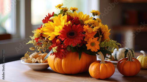 Wallpaper Mural A Festive Thanksgiving Table with a Beautiful Flower-filled Vase and Seasonal Pumpkins Torontodigital.ca