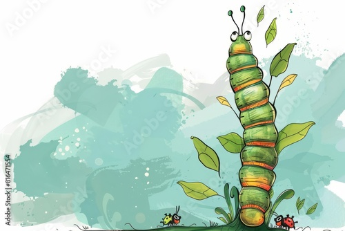 Cartoon cute doodles of a determined caterpillar climbing a towering plant, inspiring fellow bugs with its perseverance, Generative AI photo