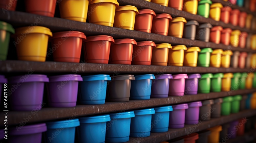 colorful trash cans with tightly fitting lids. The jars are neatly arranged on the shelf.