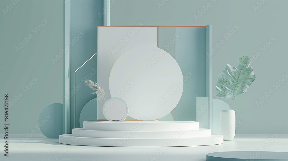 Minimal scene with podium and abstract background. Pastel blue and white colors scene. Trendy 3d render for social media banners, promotion, cosmetic product show. Geometric shapes interior .