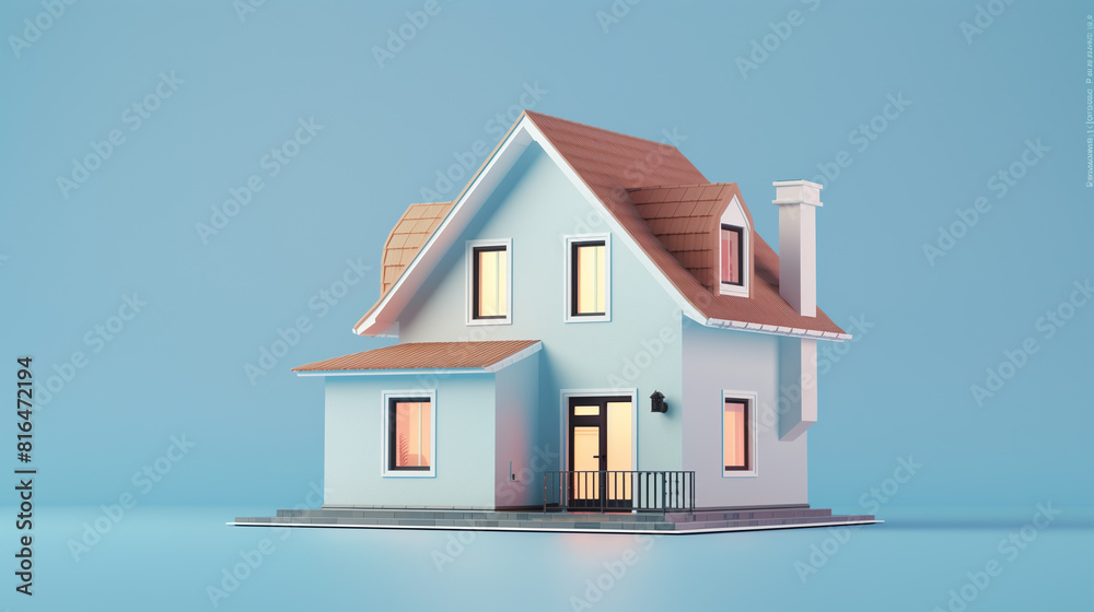 3D small house on blue background. 3D illustration.