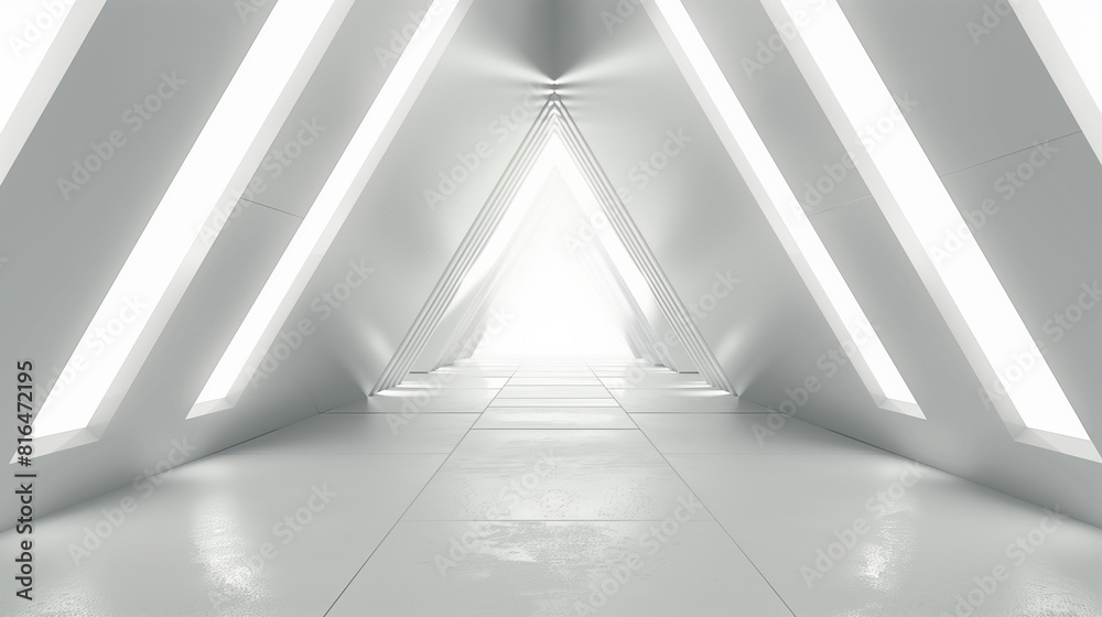 Empty Long Light Corridor. Modern white background. Futuristic Sci-Fi Triangle Tunnel. 3D Rendering. Empty Long Light Corridor. Modern white background. Futuristic Sci-Fi Triangle Tunnel. 3D Rendering.