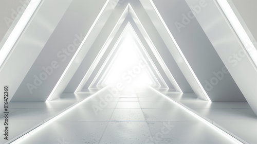 Empty Long Light Corridor. Modern white background. Futuristic Sci-Fi Triangle Tunnel. 3D Rendering.