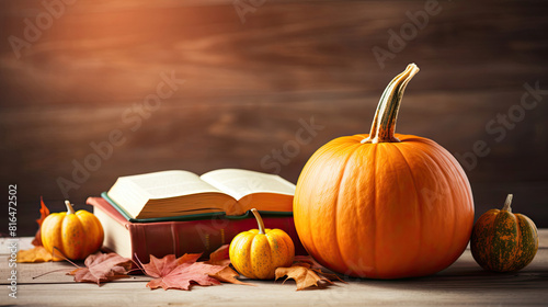 A Festive Thanksgiving Table Decorated with Pumpkins, Books, and Autumn Leaves