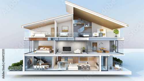 Modern home cross section, 3d rendering