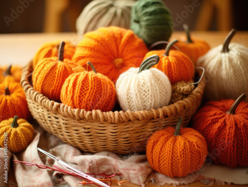 A Festive Basket Overflowing With Handcrafted Knitted Pumpkins