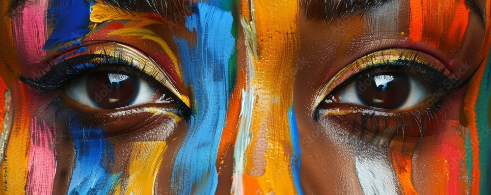 Macro shot highlighting a person's eyes with colorful abstract face paint Macro shot highlighting a person's eyes with colorful abstract face paint