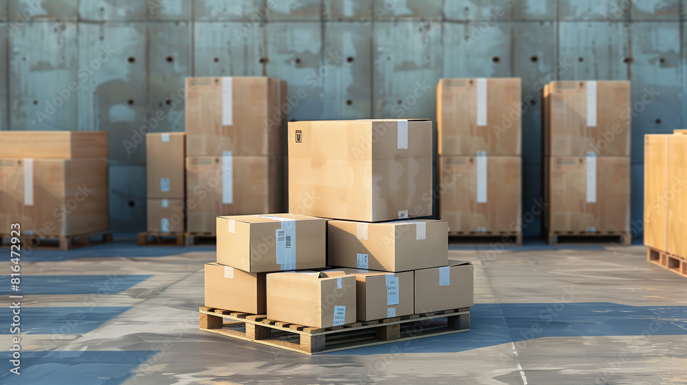 Cardboard boxes on pallet delivery and transportation logistics storage 3d render image. Cardboard boxes on pallet delivery and transportation logistics storage 3d render image.
