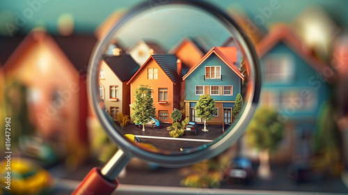 house searching, colorful mini model homes being viewed through magnifying glass, 3d render illustration.