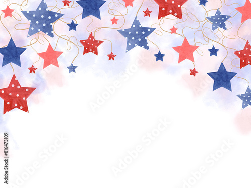 Red  blue stars on golden threads. Colored stars on watercolor texture. Patriotic symbols of 4th of July or Memorial Day. Horizontal frame. USA flag colors. Veterans day. Watercolor illustration