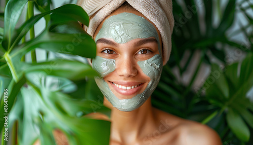 Young woman joyfully indulges in a rejuvenating clay face mask on national clean beauty day, surrounded by lush foliage, embracing ecoconscious skincare and natural beauty photo