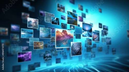 a collection of digital photos floating in the air against a blue sky background. Each photo features a variety of scenes, including landscapes, seascapes and other natural elements.