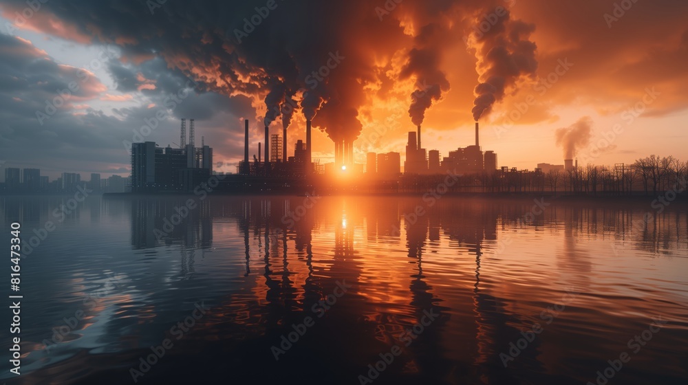 A before-and-after image of a factory, showing the transition from coal-fired power to renewable energy sources.