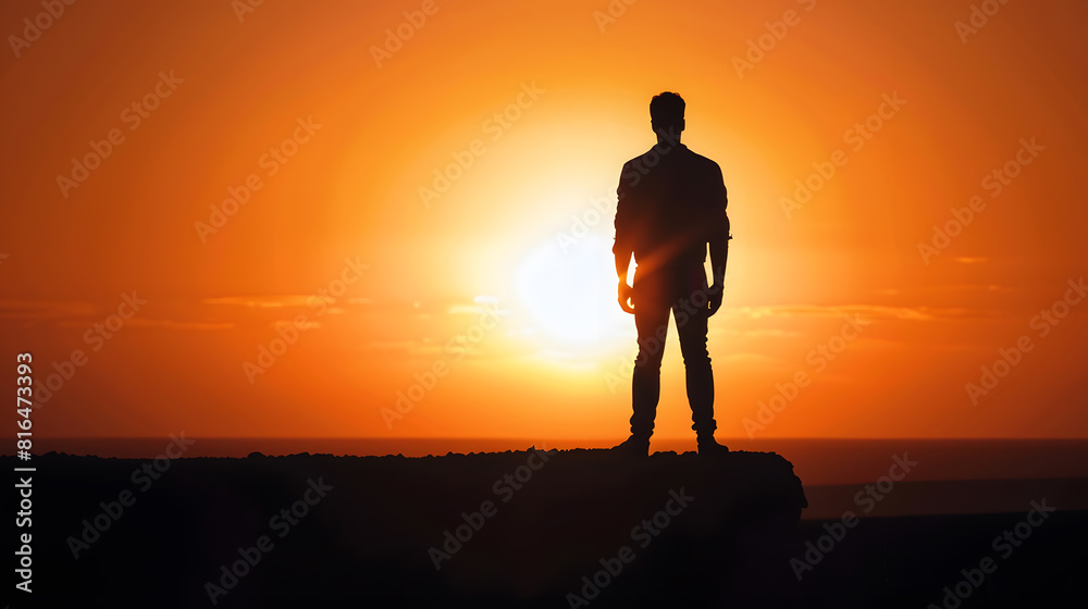 silhouetted man standing on wall in sunset : Generative AI silhouetted man standing on wall in sunset : Generative AI
