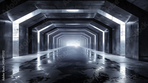 Futuristic Concrete Grunge Reflective Dark Empty Tunnel Corridor Spaceship Alien Underground White Glow Window Lights Hall Garage 3D Rendering.