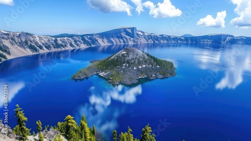 beautiful and amazing natural scenery. There is a blue lake surrounded by high cliffs.