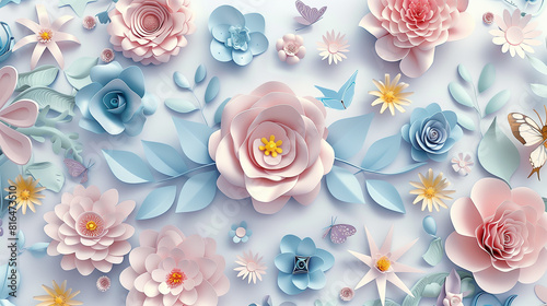 3d render, horizontal floral pattern. Abstract cut paper flowers isolated on white, botanical background. Rose, daisy, dahlia, butterfly, leaves in pastel colors.