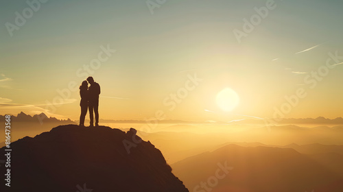 Silhouette of a couple during a morning sunrise in the mountains of Italy : Generative AI © Generative AI