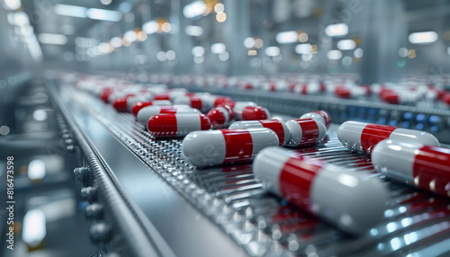 Drug manufacturing process, concept of industrial pharmacy, close up, pharmaceutical factory, dynamic, Overlay, production line