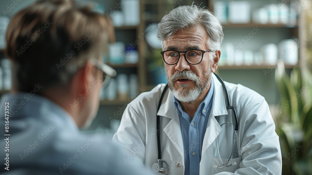 Pharmacist consulting with a patient, concept of healthcare guidance, focus on, community pharmacy, realistic, Composite, consultation area Pharmacist consulting with a patient, concept of healthcare guidance, focus on, community pharmacy, realistic, Composite, consultation area