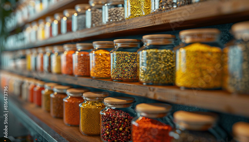 Spice shelf in a gourmet kitchen, concept of culinary diversity, selective focus, modern kitchen, dynamic, Overlay, colorful spices © Oranuch
